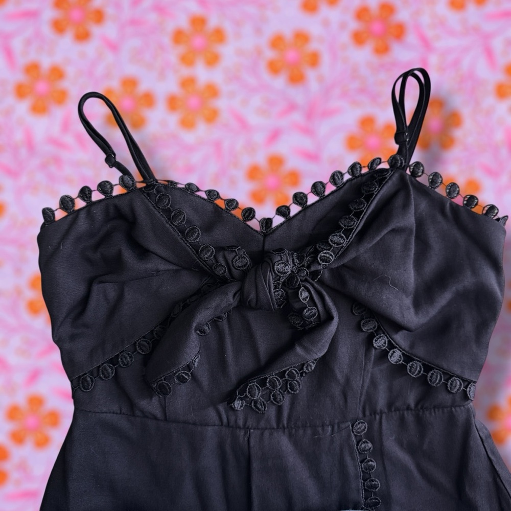 Black Pom-Pom Trim Spaghetti Strap Romper - Picture 5 of 9